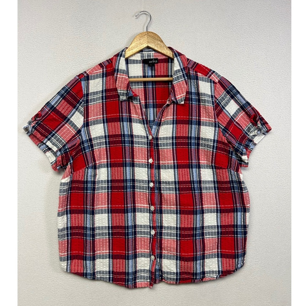 Casual Classic Erika Women 2X Red White Blue Plaid Seersucker Button Up Shirt